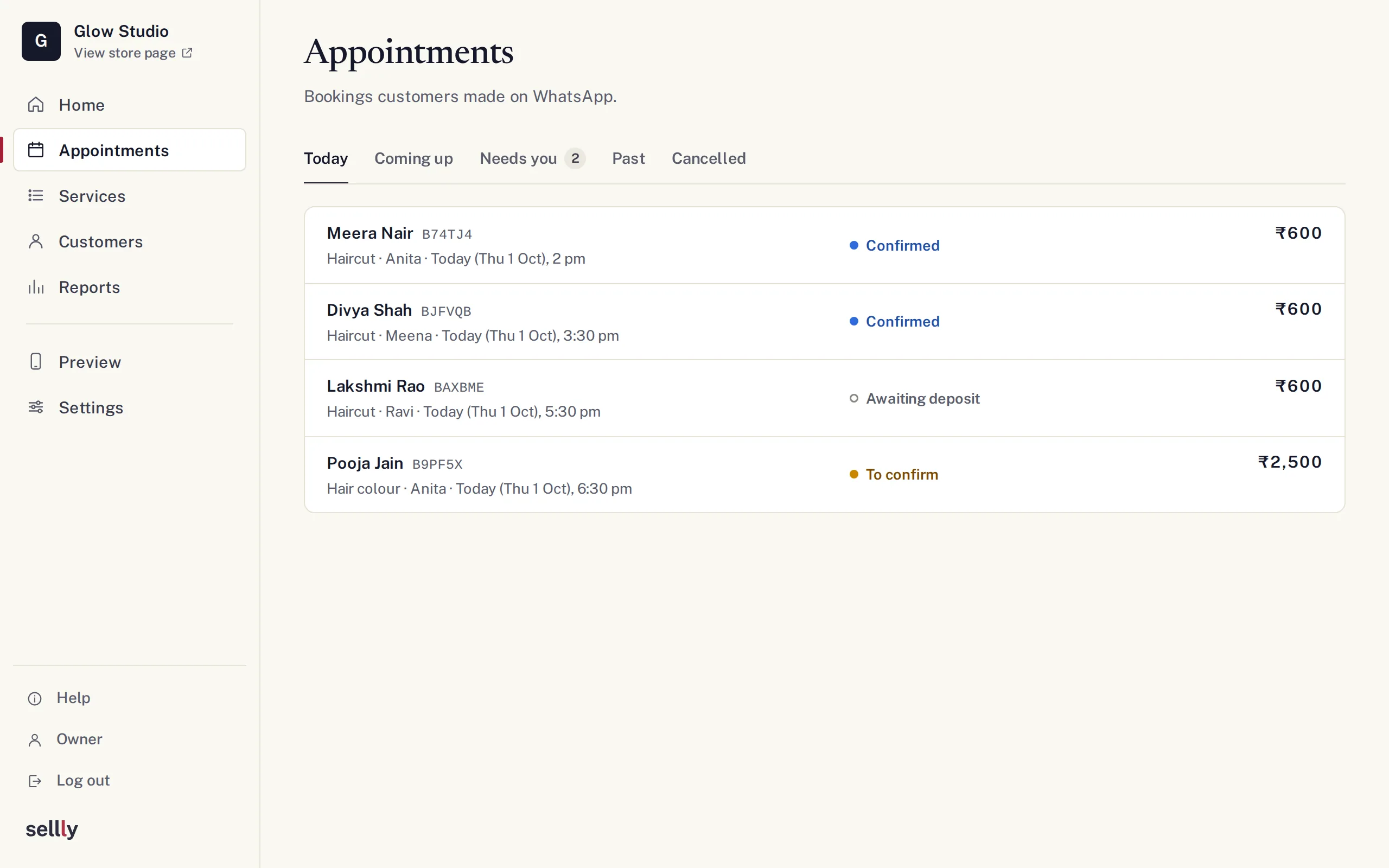 The Appointments page of a sample salon in Sellly: today’s bookings with the customer, the service, the stylist, the time, the price, and a status such as Confirmed, Awaiting deposit or To confirm.
