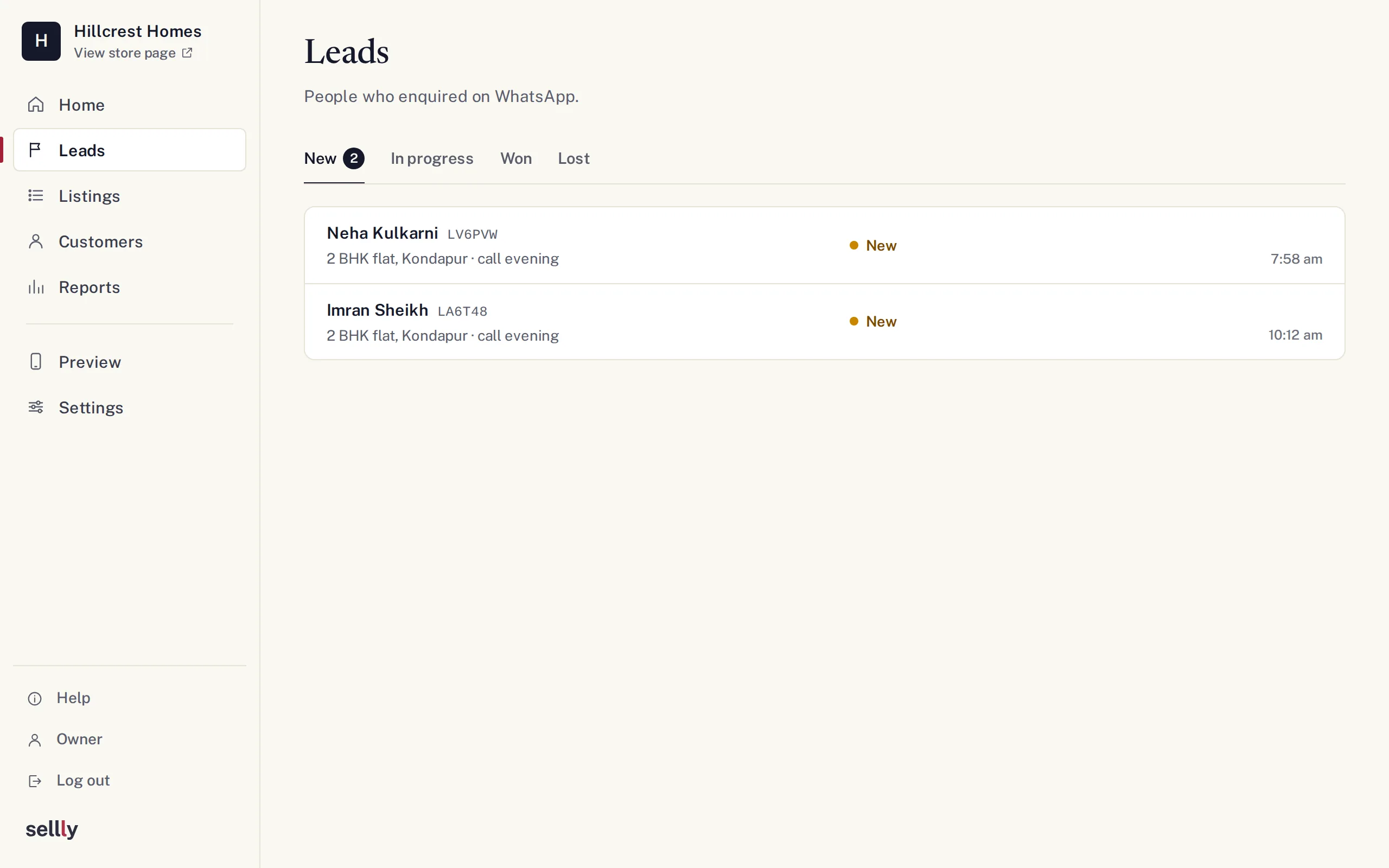 The Leads page of a sample estate agent in Sellly: new enquiries with the customer, the property, the time they asked to be called, and a status of New.
