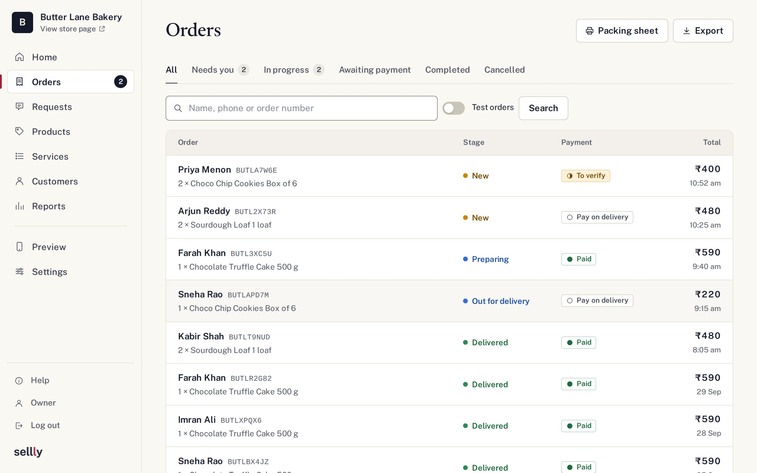 The Orders page of a sample bakery in Sellly: today’s orders with the customer, the items, the stage (New, Preparing, Out for delivery, Delivered), the payment (To verify, Paid, Pay on delivery) and the total.