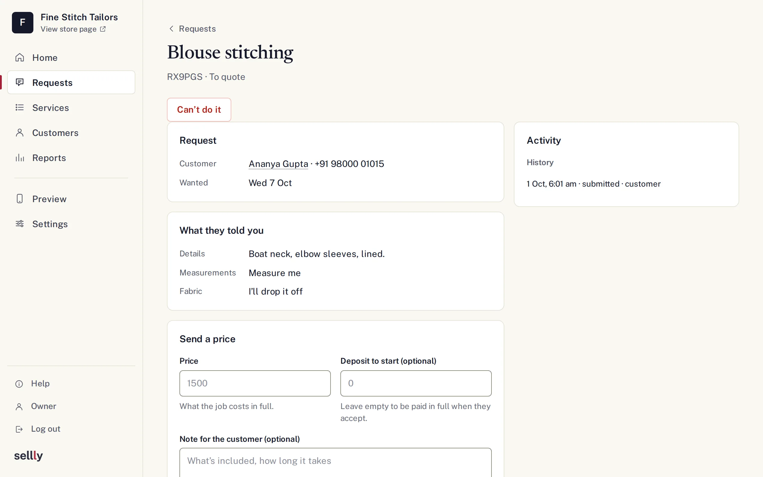 A request in a sample tailor’s Sellly: the customer, the date it’s wanted, their answers about the job, and a form to send a price and a deposit on WhatsApp.